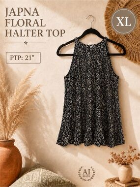Japna Black Floral Halter Top Size XL